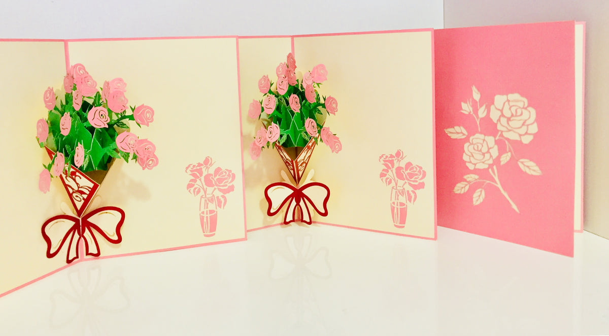 Pink Rose Bouquet Wrapped in Red Ribbon Created by Origami Pop Cards 3D Pop Up Greeting Card Happy Birthday Thank You Handmade Gift Thinking of You Blank Card for Any Occasion Happy Mother's Day Happy Father's Australiana Celebrate the Beauty of Flower