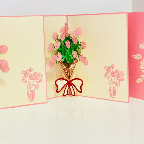 Pink Rose Bouquet Wrapped in Red Ribbon Created by Origami Pop Cards 3D Pop Up Greeting Card Happy Birthday Thank You Handmade Gift Thinking of You Blank Card for Any Occasion Happy Mother's Day Happy Father's Australiana Celebrate the Beauty of Flower