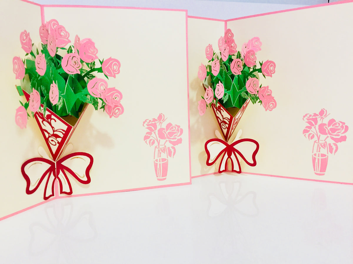 Pink Rose Bouquet Wrapped in Red Ribbon Created by Origami Pop Cards 3D Pop Up Greeting Card Happy Birthday Thank You Handmade Gift Thinking of You Blank Card for Any Occasion Happy Mother's Day Happy Father's Australiana Celebrate the Beauty of Flower
