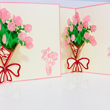 Pink Rose Bouquet Wrapped in Red Ribbon Created by Origami Pop Cards 3D Pop Up Greeting Card Happy Birthday Thank You Handmade Gift Thinking of You Blank Card for Any Occasion Happy Mother's Day Happy Father's Australiana Celebrate the Beauty of Flower