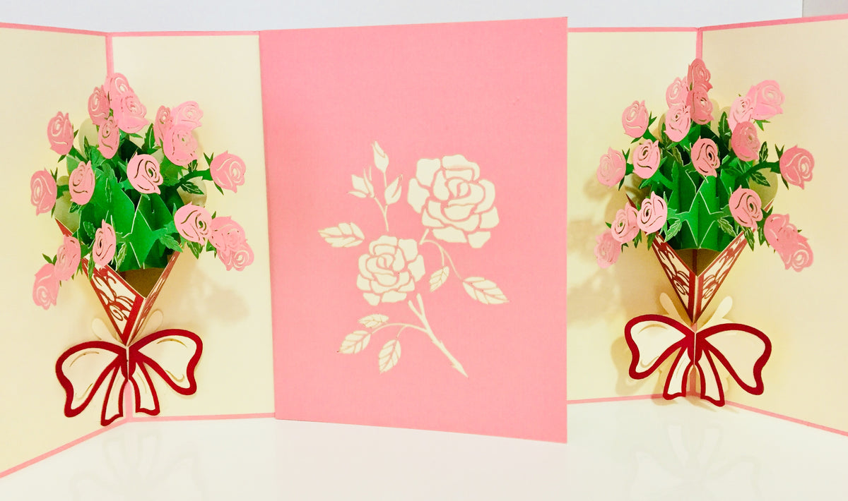 Pink Rose Bouquet Wrapped in Red Ribbon Created by Origami Pop Cards 3D Pop Up Greeting Card Happy Birthday Thank You Handmade Gift Thinking of You Blank Card for Any Occasion Happy Mother's Day Happy Father's Australiana Celebrate the Beauty of Flower