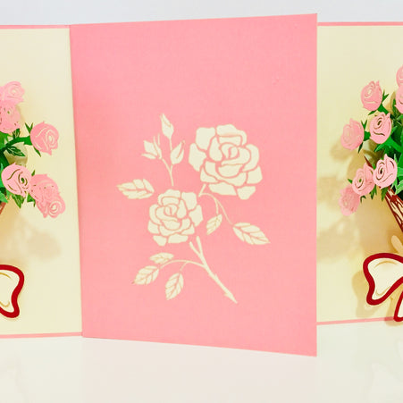 Pink Rose Bouquet Wrapped in Red Ribbon Created by Origami Pop Cards 3D Pop Up Greeting Card Happy Birthday Thank You Handmade Gift Thinking of You Blank Card for Any Occasion Happy Mother's Day Happy Father's Australiana Celebrate the Beauty of Flower