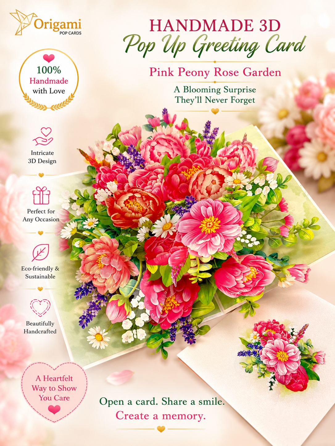 Pink Peony Rose Garden Origami Pop Cards 3D Pop Up Greeting Card Happy Birthday Thank You Handmade Gift Thinking of You Blank Card for Any Occasion Happy Mother's Day Happy Father's Australiana Celebrate the Beauty of Flower and Spring Element
