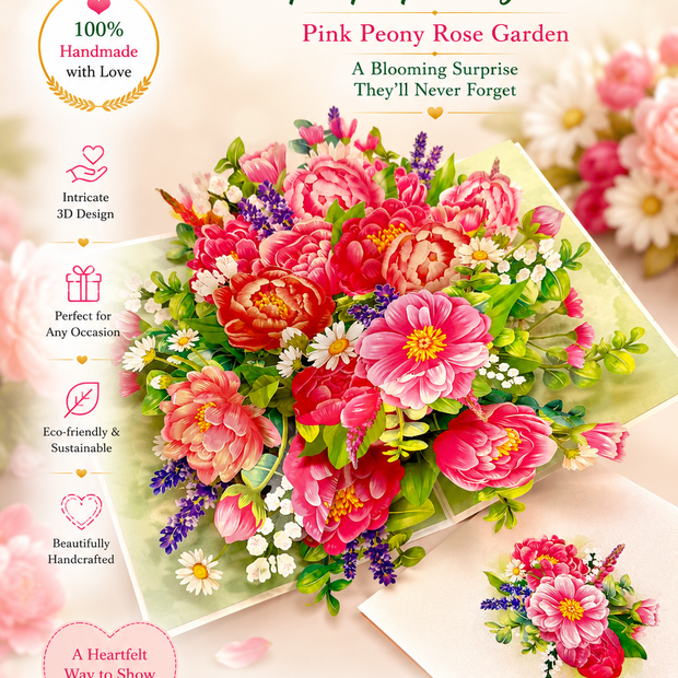 Pink Peony Rose Garden Origami Pop Cards 3D Pop Up Greeting Card Happy Birthday Thank You Handmade Gift Thinking of You Blank Card for Any Occasion Happy Mother's Day Happy Father's Australiana Celebrate the Beauty of Flower and Spring Element