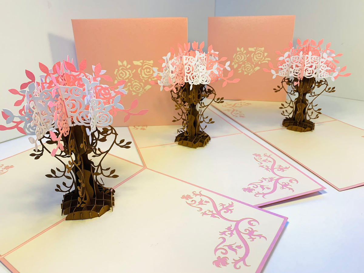 Pink & White Rose Bouquet Card Origami Pop Cards 3D Pop Up Greeting Card Happy Birthday Thank You Handmade Gift Thinking of You Blank Card for Any Occasion Happy Mother's Day
