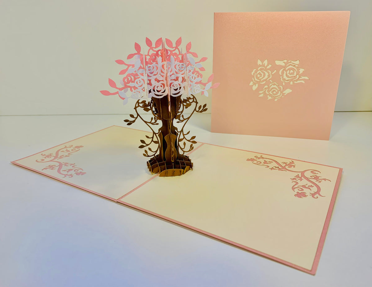 Pink & White Rose Bouquet Card Origami Pop Cards 3D Pop Up Greeting Card Happy Birthday Thank You Handmade Gift Thinking of You Blank Card for Any Occasion Happy Mother's Day