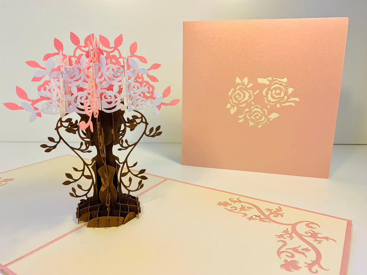 Pink & White Rose Bouquet Card Origami Pop Cards 3D Pop Up Greeting Card Happy Birthday Thank You Handmade Gift Thinking of You Blank Card for Any Occasion Happy Mother's Day