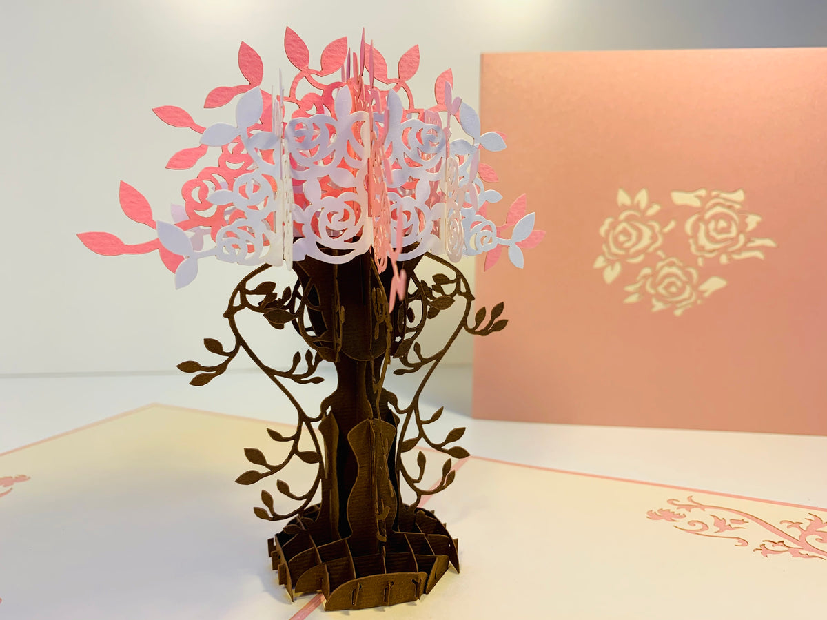 Pink & White Rose Bouquet Card Origami Pop Cards 3D Pop Up Greeting Card Happy Birthday Thank You Handmade Gift Thinking of You Blank Card for Any Occasion Happy Mother's Day