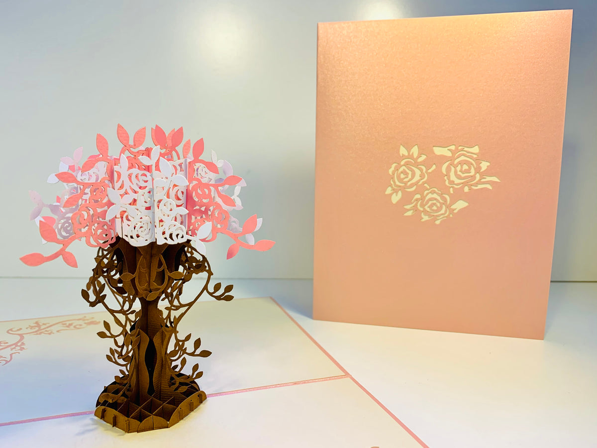 Pink & White Rose Bouquet Card Origami Pop Cards 3D Pop Up Greeting Card Happy Birthday Thank You Handmade Gift Thinking of You Blank Card for Any Occasion Happy Mother's Day