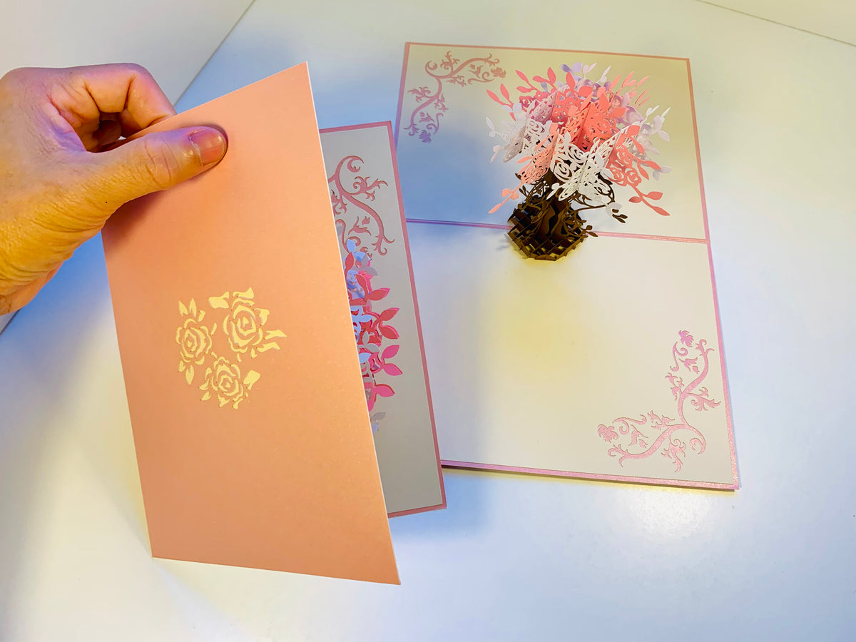 Pink & White Rose Bouquet Card Origami Pop Cards 3D Pop Up Greeting Card Happy Birthday Thank You Handmade Gift Thinking of You Blank Card for Any Occasion Happy Mother's Day