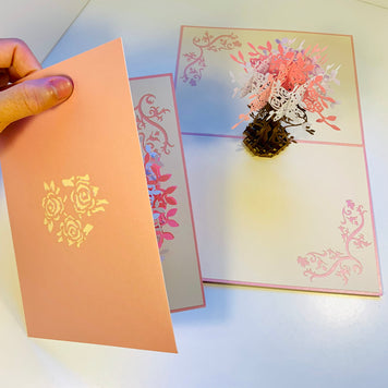 Pink & White Rose Bouquet Card Origami Pop Cards 3D Pop Up Greeting Card Happy Birthday Thank You Handmade Gift Thinking of You Blank Card for Any Occasion Happy Mother's Day