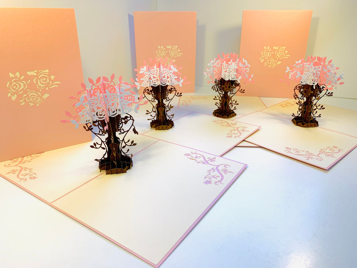 Pink & White Rose Bouquet Card Origami Pop Cards 3D Pop Up Greeting Card Happy Birthday Thank You Handmade Gift Thinking of You Blank Card for Any Occasion Happy Mother's Day