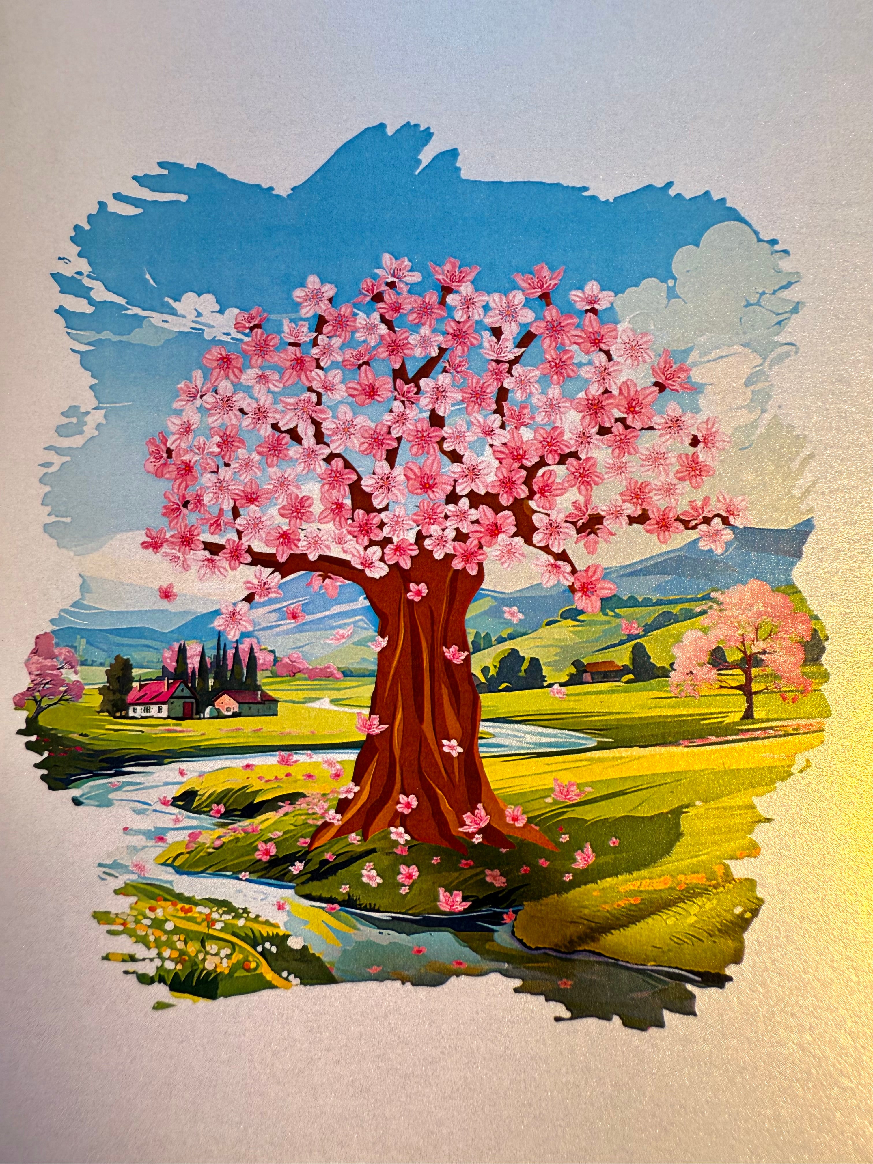 Plum Pink Cherry Blossom Tree on Green Fields Origami Pop Cards 3D Pop Up Greeting Card Best Wishes Happy Birthday Gift Thank You Handmade Best Wishes Blank Card for Any Occasion Happy Mother's Day Happy Father's Day Celebrate The Beauty of Flower