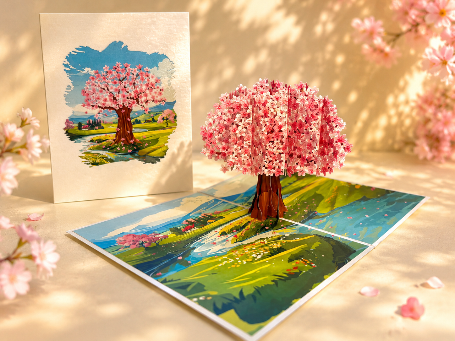 Plum Pink Cherry Blossom Tree on Green Fields Origami Pop Cards 3D Pop Up Greeting Card Best Wishes Happy Birthday Gift Thank You Handmade Best Wishes Blank Card for Any Occasion Happy Mother's Day Happy Father's Day Celebrate The Beauty of Flower