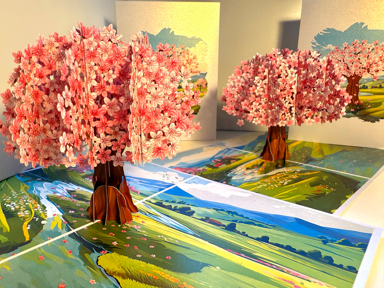 Plum Pink Cherry Blossom Tree on Green Fields Origami Pop Cards 3D Pop Up Greeting Card Best Wishes Happy Birthday Gift Thank You Handmade Best Wishes Blank Card for Any Occasion Happy Mother's Day Happy Father's Day Celebrate The Beauty of Flower