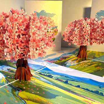 Plum Pink Cherry Blossom Tree on Green Fields Origami Pop Cards 3D Pop Up Greeting Card Best Wishes Happy Birthday Gift Thank You Handmade Best Wishes Blank Card for Any Occasion Happy Mother's Day Happy Father's Day Celebrate The Beauty of Flower