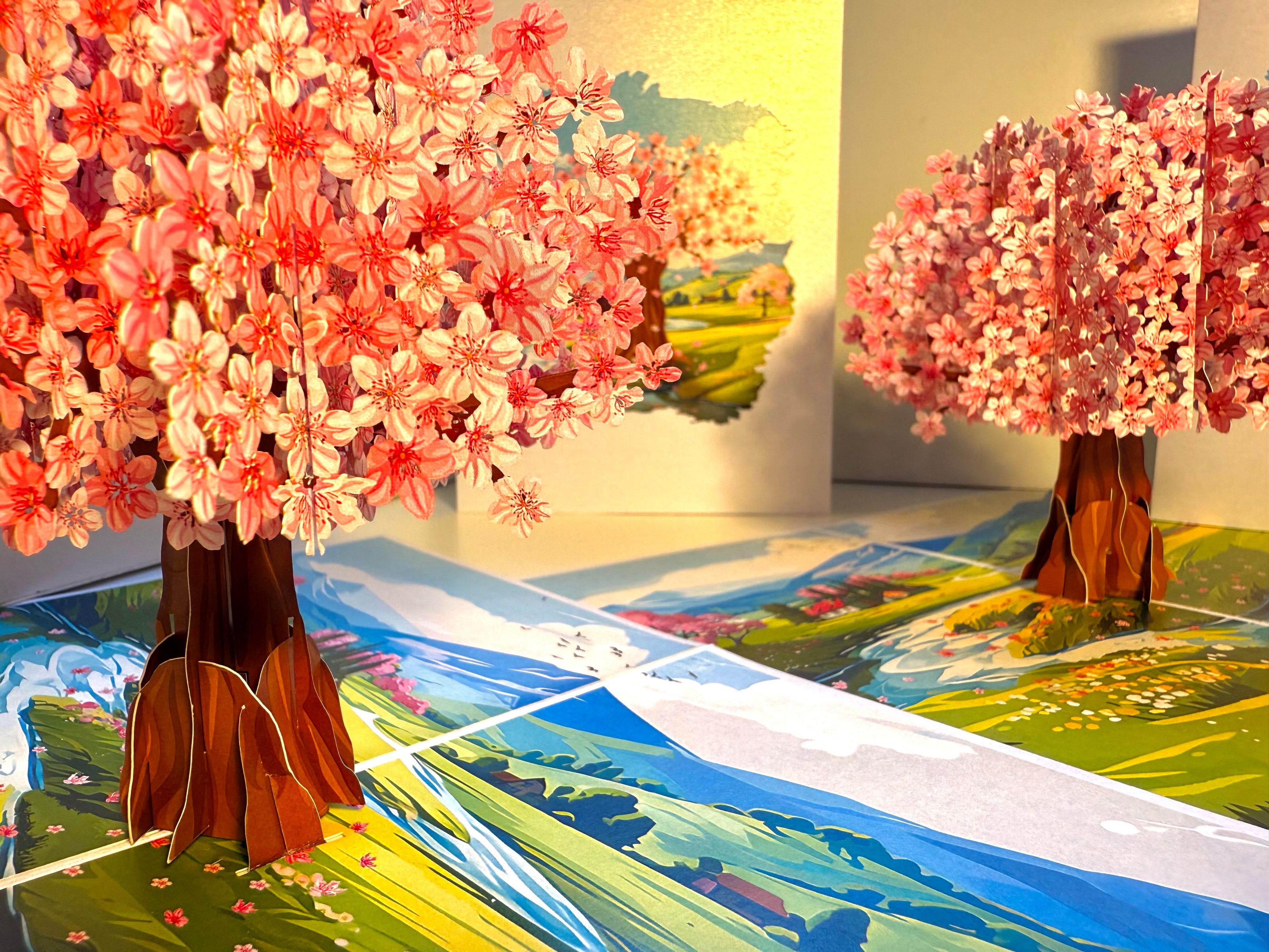Plum Pink Cherry Blossom Tree on Green Fields Origami Pop Cards 3D Pop Up Greeting Card Best Wishes Happy Birthday Gift Thank You Handmade Best Wishes Blank Card for Any Occasion Happy Mother's Day Happy Father's Day Celebrate The Beauty of Flower