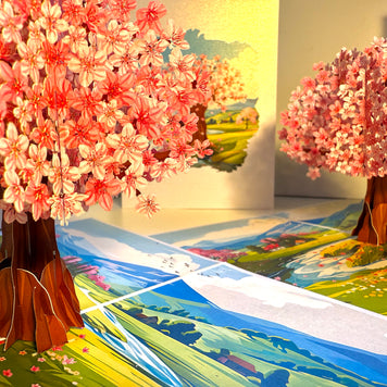 Plum Pink Cherry Blossom Tree on Green Fields Origami Pop Cards 3D Pop Up Greeting Card Best Wishes Happy Birthday Gift Thank You Handmade Best Wishes Blank Card for Any Occasion Happy Mother's Day Happy Father's Day Celebrate The Beauty of Flower
