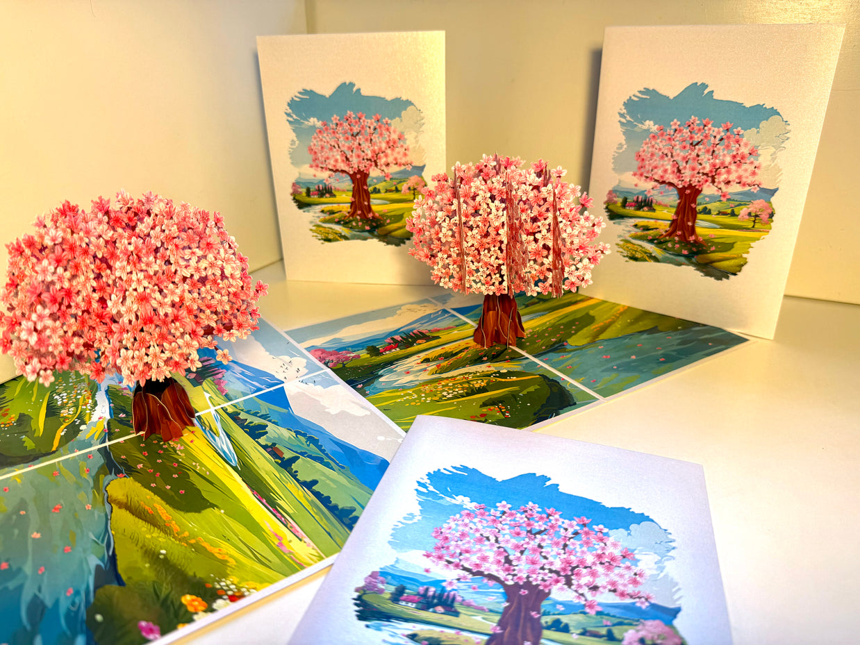 Plum Pink Cherry Blossom Tree on Green Fields Origami Pop Cards 3D Pop Up Greeting Card Best Wishes Happy Birthday Gift Thank You Handmade Best Wishes Blank Card for Any Occasion Happy Mother's Day Happy Father's Day Celebrate The Beauty of Flower