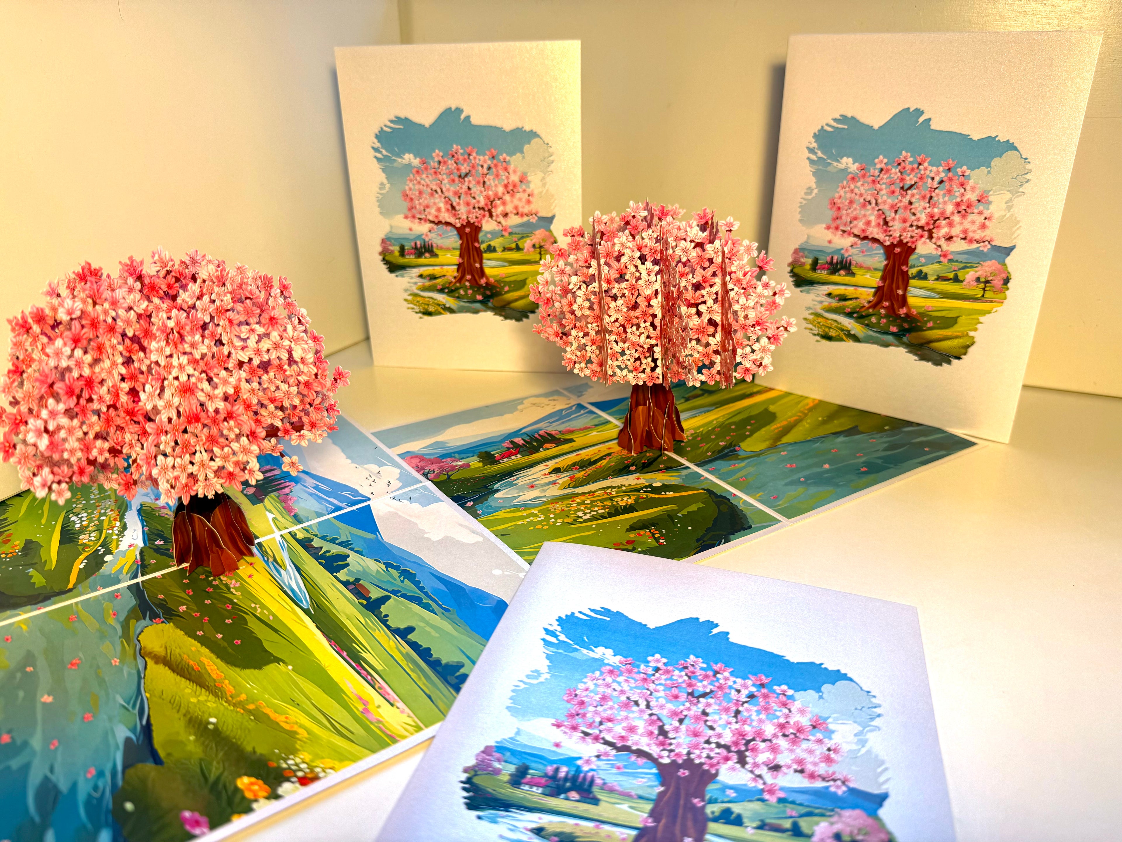 Plum Pink Cherry Blossom Tree on Green Fields Origami Pop Cards 3D Pop Up Greeting Card Best Wishes Happy Birthday Gift Thank You Handmade Best Wishes Blank Card for Any Occasion Happy Mother's Day Happy Father's Day Celebrate The Beauty of Flower