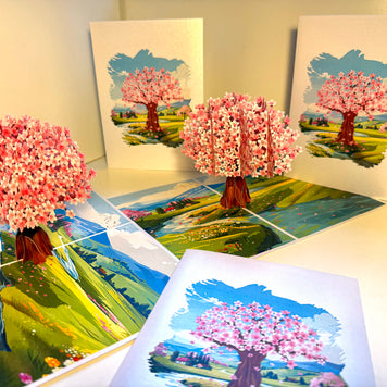 Plum Pink Cherry Blossom Tree on Green Fields Origami Pop Cards 3D Pop Up Greeting Card Best Wishes Happy Birthday Gift Thank You Handmade Best Wishes Blank Card for Any Occasion Happy Mother's Day Happy Father's Day Celebrate The Beauty of Flower