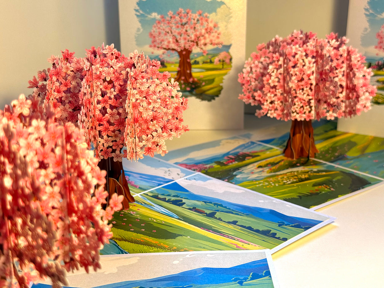 Plum Pink Cherry Blossom Tree on Green Fields Origami Pop Cards 3D Pop Up Greeting Card Best Wishes Happy Birthday Gift Thank You Handmade Best Wishes Blank Card for Any Occasion Happy Mother's Day Happy Father's Day Celebrate The Beauty of Flower
