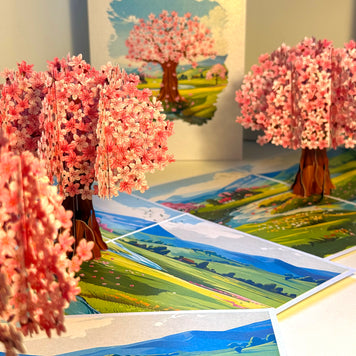 Plum Pink Cherry Blossom Tree on Green Fields Origami Pop Cards 3D Pop Up Greeting Card Best Wishes Happy Birthday Gift Thank You Handmade Best Wishes Blank Card for Any Occasion Happy Mother's Day Happy Father's Day Celebrate The Beauty of Flower