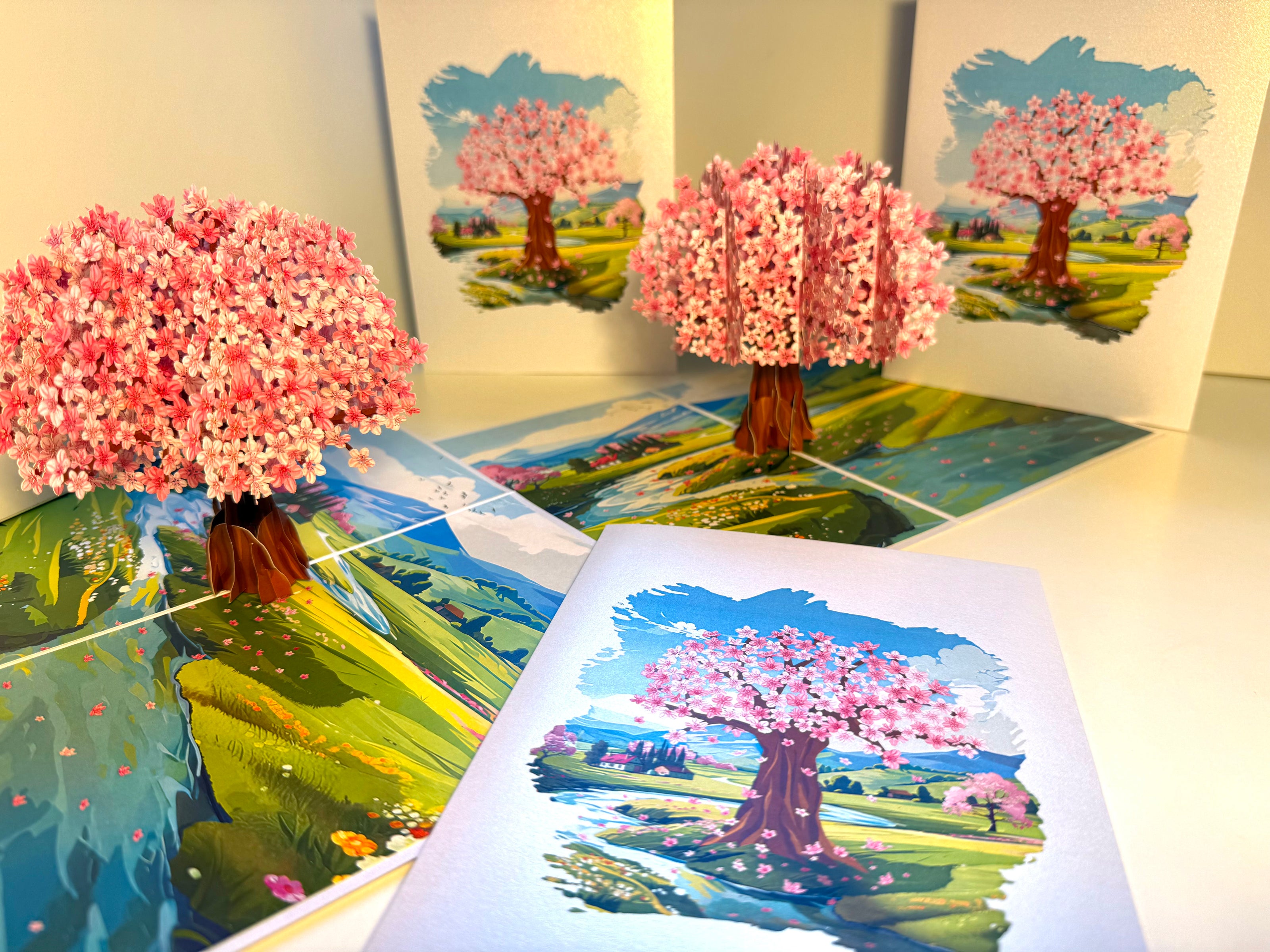 Plum Pink Cherry Blossom Tree on Green Fields Origami Pop Cards 3D Pop Up Greeting Card Best Wishes Happy Birthday Gift Thank You Handmade Best Wishes Blank Card for Any Occasion Happy Mother's Day Happy Father's Day Celebrate The Beauty of Flower