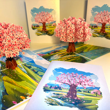 Plum Pink Cherry Blossom Tree on Green Fields Origami Pop Cards 3D Pop Up Greeting Card Best Wishes Happy Birthday Gift Thank You Handmade Best Wishes Blank Card for Any Occasion Happy Mother's Day Happy Father's Day Celebrate The Beauty of Flower