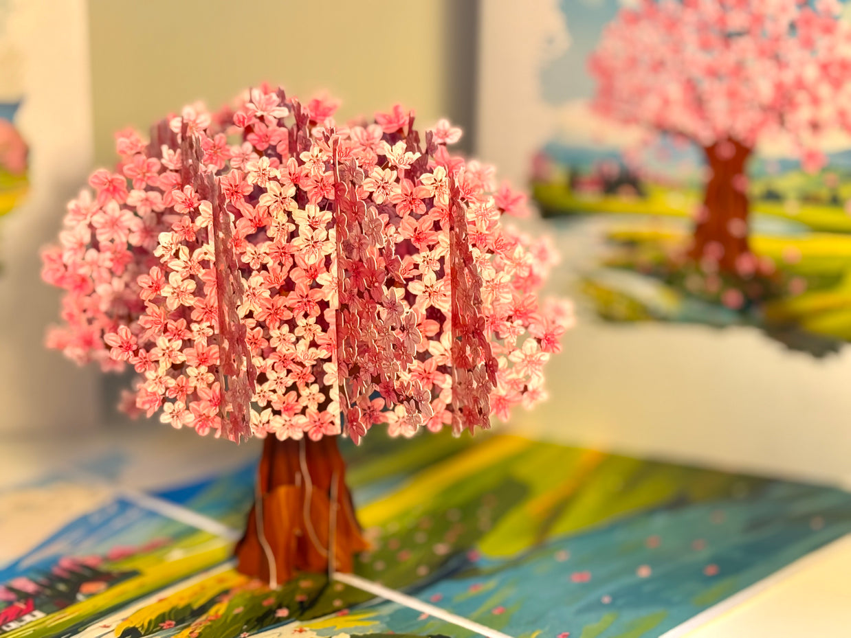 Plum Pink Cherry Blossom Tree on Green Fields Origami Pop Cards 3D Pop Up Greeting Card Best Wishes Happy Birthday Gift Thank You Handmade Best Wishes Blank Card for Any Occasion Happy Mother's Day Happy Father's Day Celebrate The Beauty of Flower