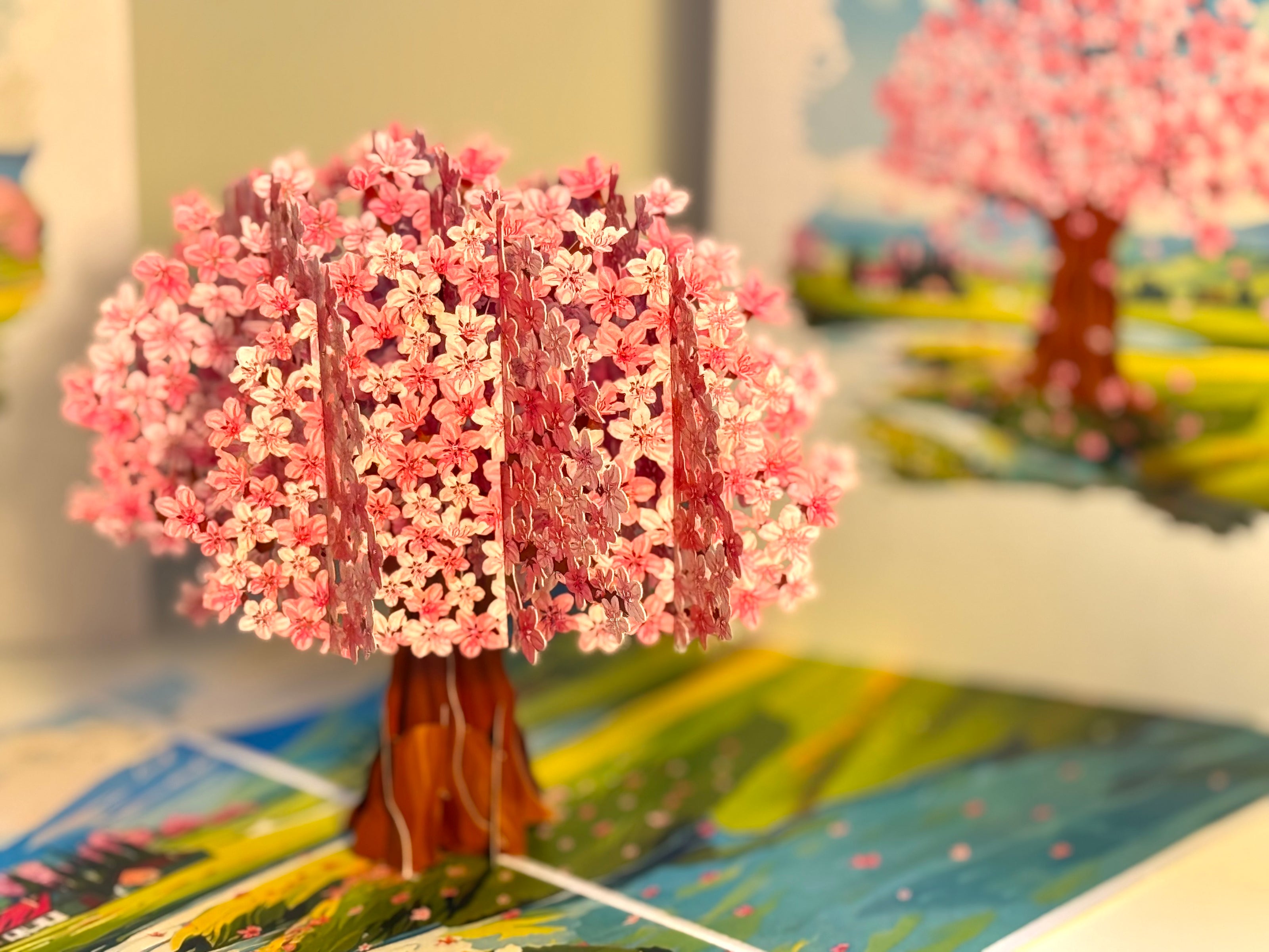 Plum Pink Cherry Blossom Tree on Green Fields Origami Pop Cards 3D Pop Up Greeting Card Best Wishes Happy Birthday Gift Thank You Handmade Best Wishes Blank Card for Any Occasion Happy Mother's Day Happy Father's Day Celebrate The Beauty of Flower