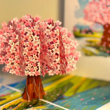 Plum Pink Cherry Blossom Tree on Green Fields Origami Pop Cards 3D Pop Up Greeting Card Best Wishes Happy Birthday Gift Thank You Handmade Best Wishes Blank Card for Any Occasion Happy Mother's Day Happy Father's Day Celebrate The Beauty of Flower