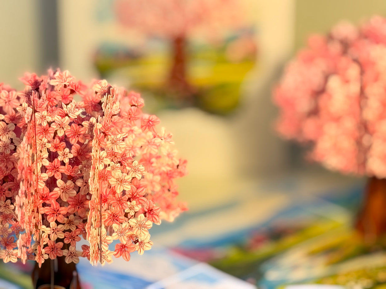 Plum Pink Cherry Blossom Tree on Green Fields Origami Pop Cards 3D Pop Up Greeting Card Best Wishes Happy Birthday Gift Thank You Handmade Best Wishes Blank Card for Any Occasion Happy Mother's Day Happy Father's Day Celebrate The Beauty of Flower