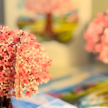 Plum Pink Cherry Blossom Tree on Green Fields Origami Pop Cards 3D Pop Up Greeting Card Best Wishes Happy Birthday Gift Thank You Handmade Best Wishes Blank Card for Any Occasion Happy Mother's Day Happy Father's Day Celebrate The Beauty of Flower