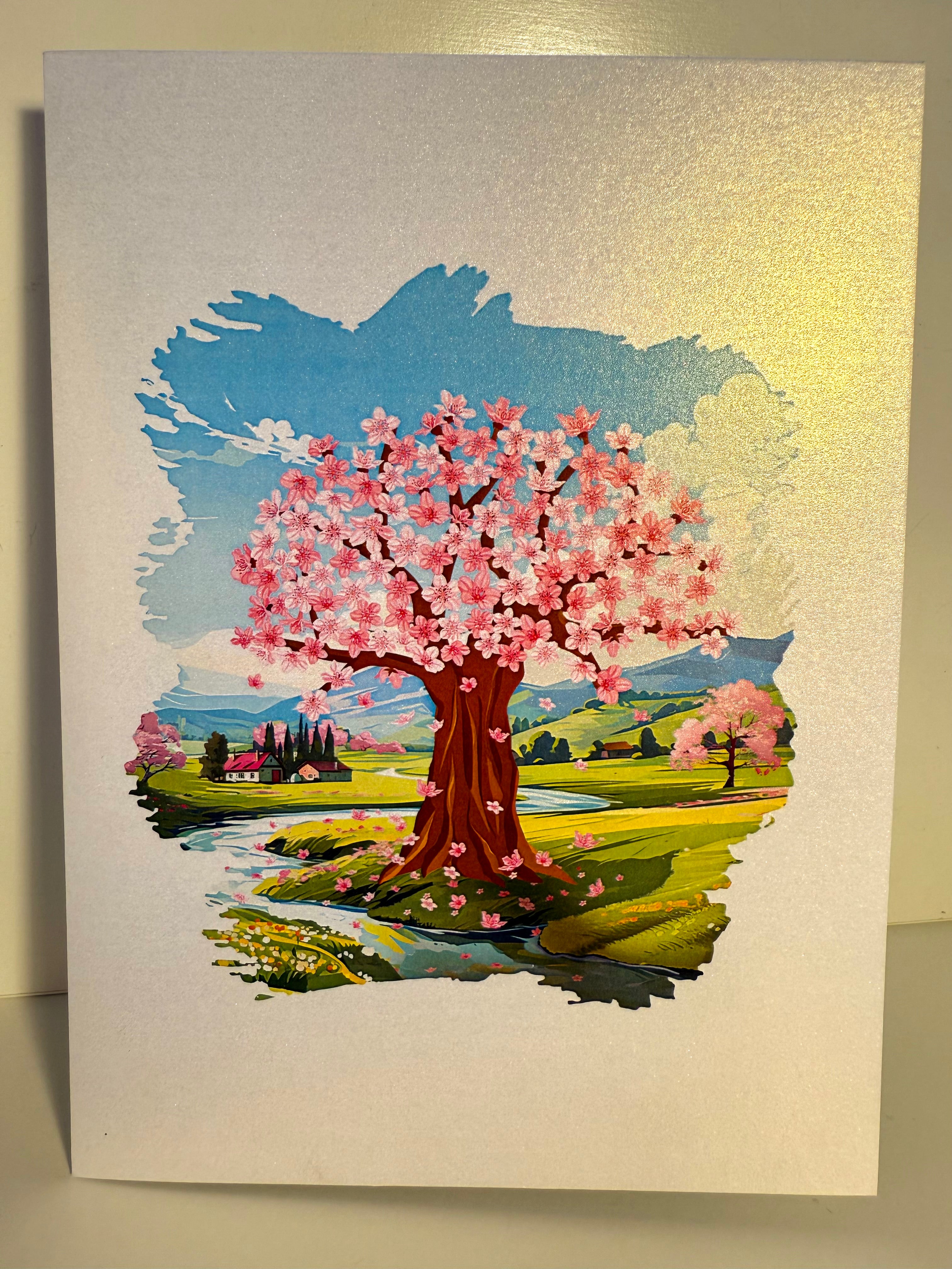 Plum Pink Cherry Blossom Tree on Green Fields Origami Pop Cards 3D Pop Up Greeting Card Best Wishes Happy Birthday Gift Thank You Handmade Best Wishes Blank Card for Any Occasion Happy Mother's Day Happy Father's Day Celebrate The Beauty of Flower