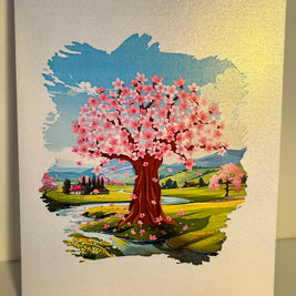 Plum Pink Cherry Blossom Tree on Green Fields Origami Pop Cards 3D Pop Up Greeting Card Best Wishes Happy Birthday Gift Thank You Handmade Best Wishes Blank Card for Any Occasion Happy Mother's Day Happy Father's Day Celebrate The Beauty of Flower