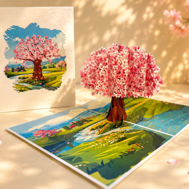 Plum Pink Cherry Blossom Tree on Green Fields Origami Pop Cards 3D Pop Up Greeting Card Best Wishes Happy Birthday Gift Thank You Handmade Best Wishes Blank Card for Any Occasion Happy Mother's Day Happy Father's Day Celebrate The Beauty of Flower