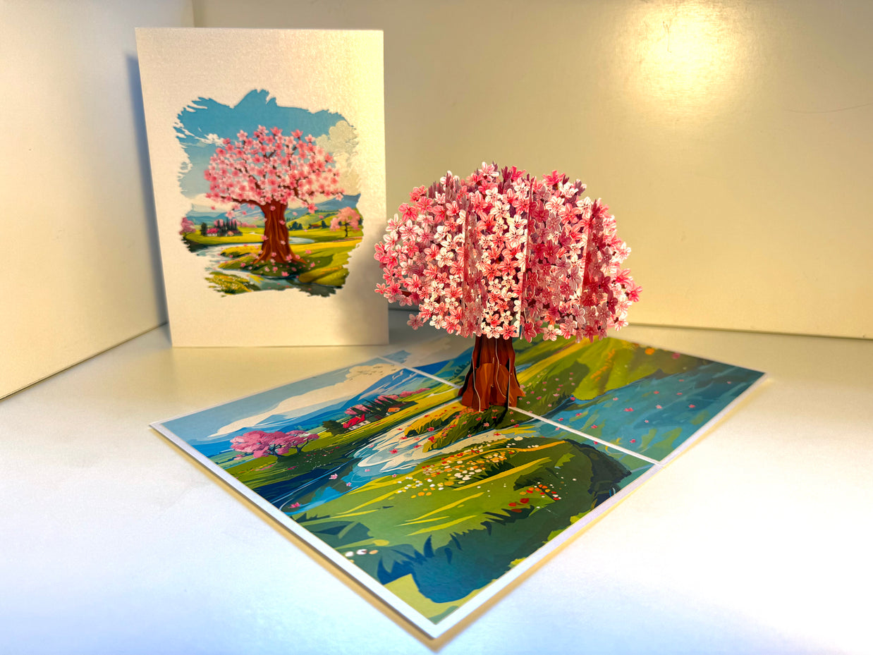 Plum Pink Cherry Blossom Tree on Green Fields Origami Pop Cards 3D Pop Up Greeting Card Best Wishes Happy Birthday Gift Thank You Handmade Best Wishes Blank Card for Any Occasion Happy Mother's Day Happy Father's Day Celebrate The Beauty of Flower