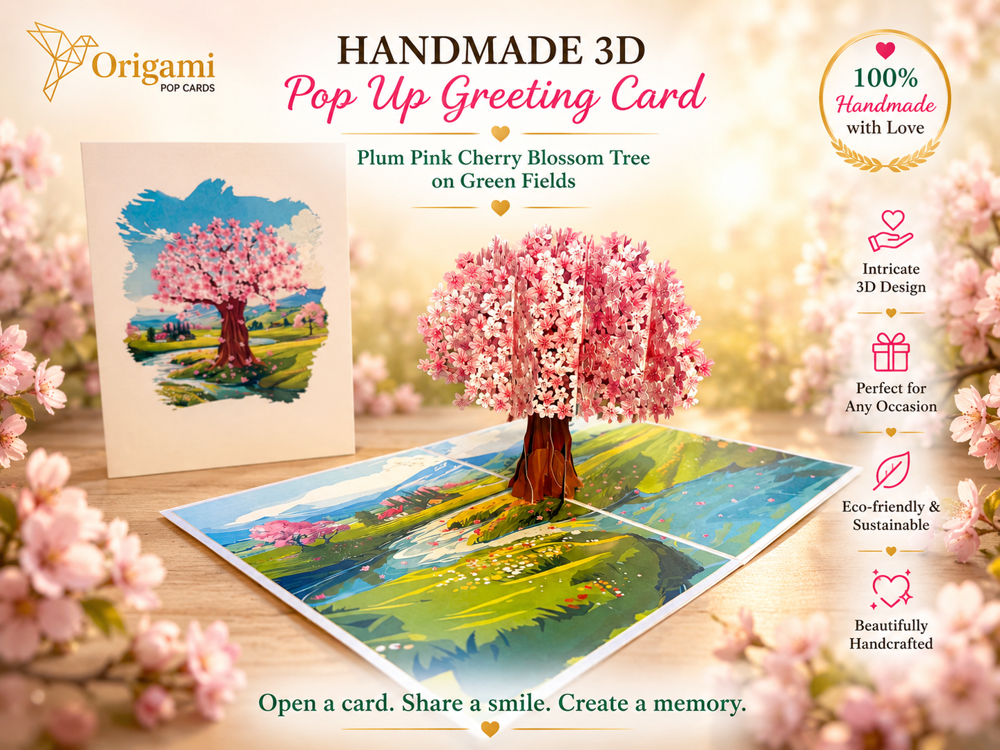 Plum Pink Cherry Blossom Tree on Green Fields Origami Pop Cards 3D Pop Up Greeting Card Best Wishes Happy Birthday Gift Thank You Handmade Best Wishes Blank Card for Any Occasion Happy Mother's Day Happy Father's Day Celebrate The Beauty of Flower