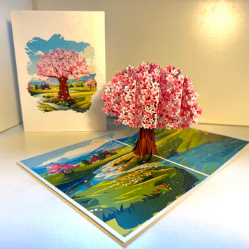 Plum Pink Cherry Blossom Tree on Green Fields Origami Pop Cards 3D Pop Up Greeting Card Best Wishes Happy Birthday Gift Thank You Handmade Best Wishes Blank Card for Any Occasion Happy Mother's Day Happy Father's Day Celebrate The Beauty of Flower