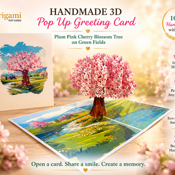 Plum Pink Cherry Blossom Tree on Green Fields Origami Pop Cards 3D Pop Up Greeting Card Best Wishes Happy Birthday Gift Thank You Handmade Best Wishes Blank Card for Any Occasion Happy Mother's Day Happy Father's Day Celebrate The Beauty of Flower