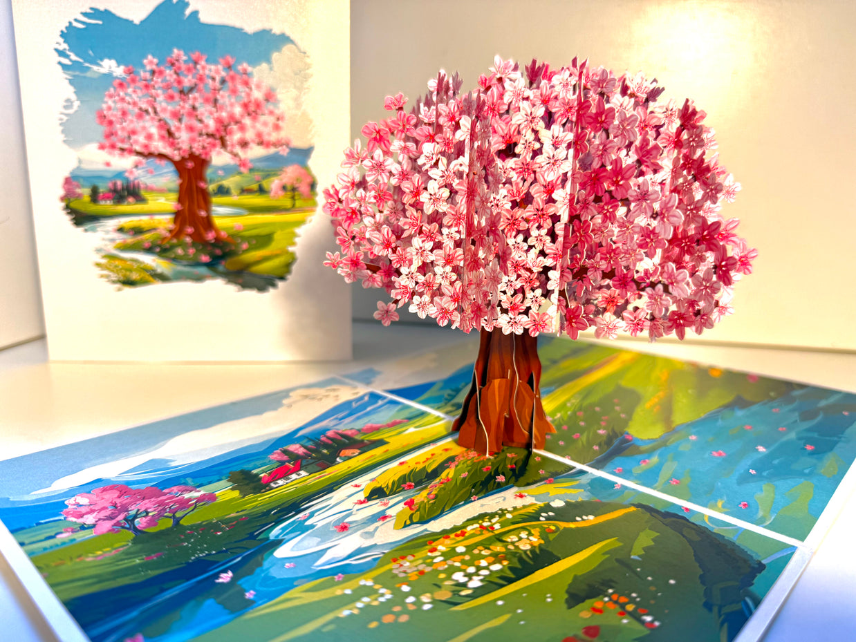 Plum Pink Cherry Blossom Tree on Green Fields Origami Pop Cards 3D Pop Up Greeting Card Best Wishes Happy Birthday Gift Thank You Handmade Best Wishes Blank Card for Any Occasion Happy Mother's Day Happy Father's Day Celebrate The Beauty of Flower