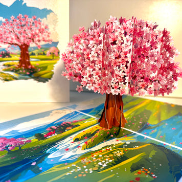 Plum Pink Cherry Blossom Tree on Green Fields Origami Pop Cards 3D Pop Up Greeting Card Best Wishes Happy Birthday Gift Thank You Handmade Best Wishes Blank Card for Any Occasion Happy Mother's Day Happy Father's Day Celebrate The Beauty of Flower