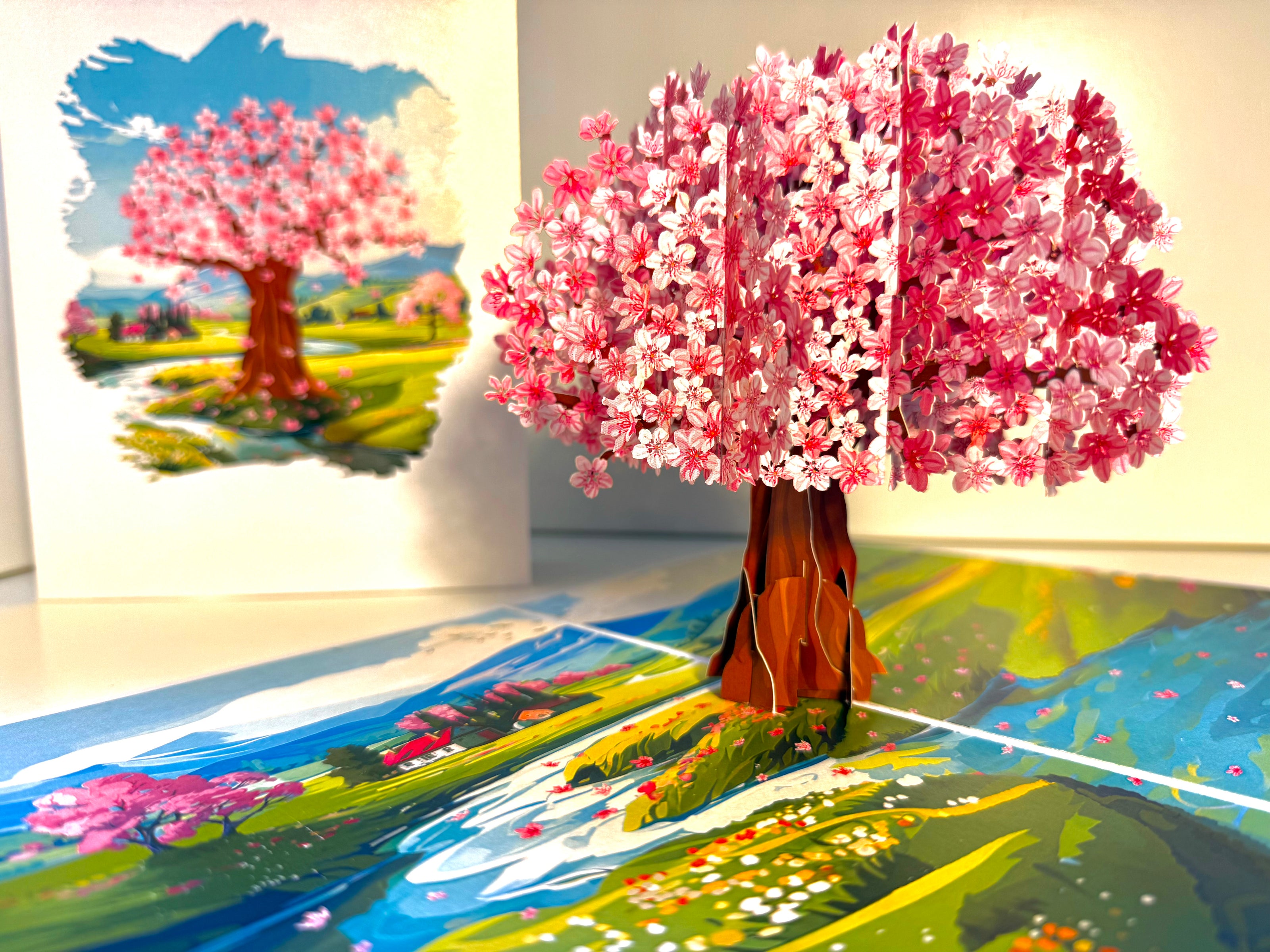 Plum Pink Cherry Blossom Tree on Green Fields Origami Pop Cards 3D Pop Up Greeting Card Best Wishes Happy Birthday Gift Thank You Handmade Best Wishes Blank Card for Any Occasion Happy Mother's Day Happy Father's Day Celebrate The Beauty of Flower