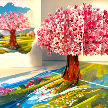 Plum Pink Cherry Blossom Tree on Green Fields Origami Pop Cards 3D Pop Up Greeting Card Best Wishes Happy Birthday Gift Thank You Handmade Best Wishes Blank Card for Any Occasion Happy Mother's Day Happy Father's Day Celebrate The Beauty of Flower