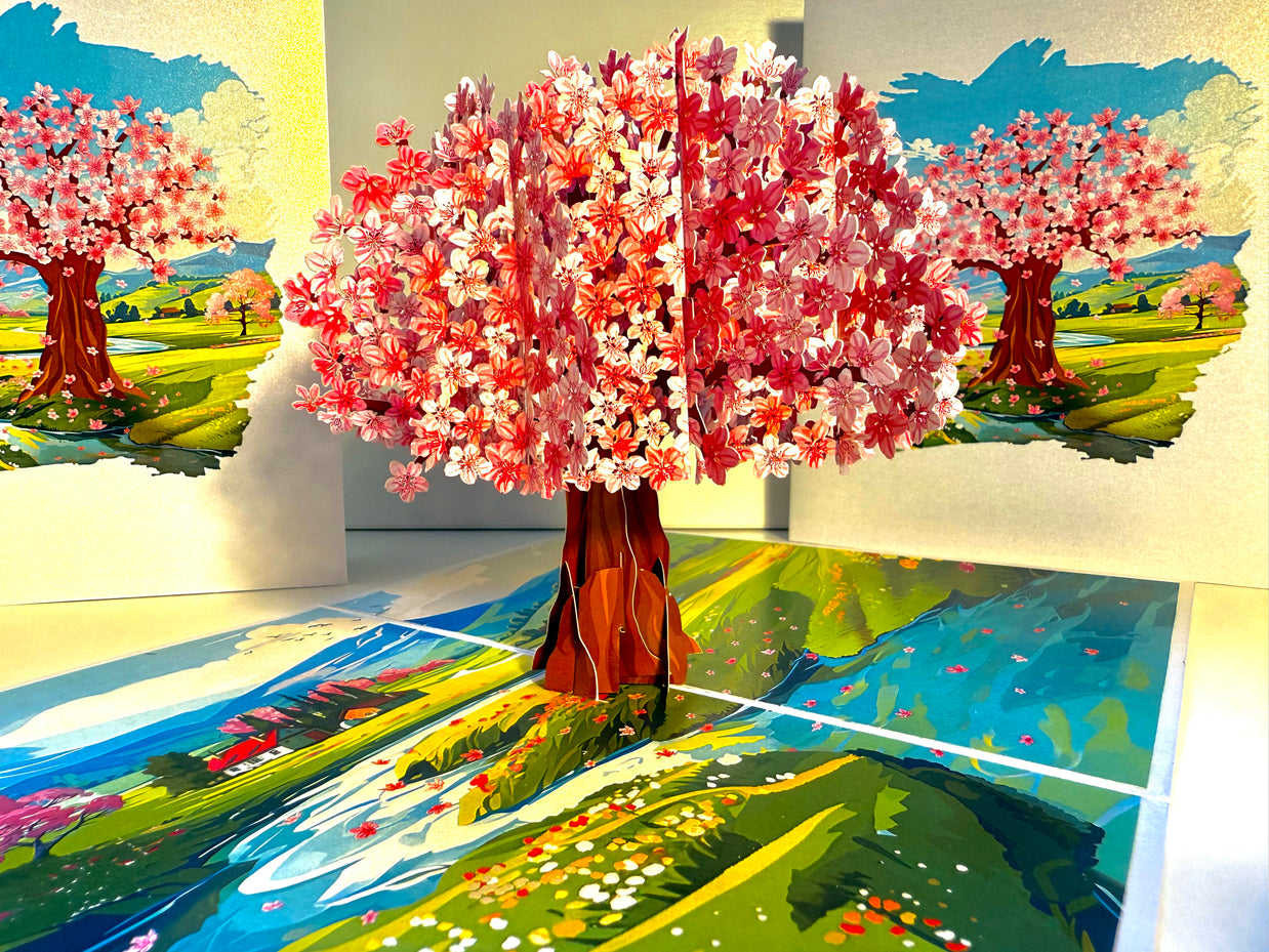 Plum Pink Cherry Blossom Tree on Green Fields Origami Pop Cards 3D Pop Up Greeting Card Best Wishes Happy Birthday Gift Thank You Handmade Best Wishes Blank Card for Any Occasion Happy Mother's Day Happy Father's Day Celebrate The Beauty of Flower