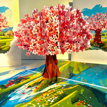 Plum Pink Cherry Blossom Tree on Green Fields Origami Pop Cards 3D Pop Up Greeting Card Best Wishes Happy Birthday Gift Thank You Handmade Best Wishes Blank Card for Any Occasion Happy Mother's Day Happy Father's Day Celebrate The Beauty of Flower