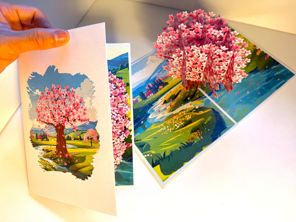 Plum Pink Cherry Blossom Tree on Green Fields Origami Pop Cards 3D Pop Up Greeting Card Best Wishes Happy Birthday Gift Thank You Handmade Best Wishes Blank Card for Any Occasion Happy Mother's Day Happy Father's Day Celebrate The Beauty of Flower