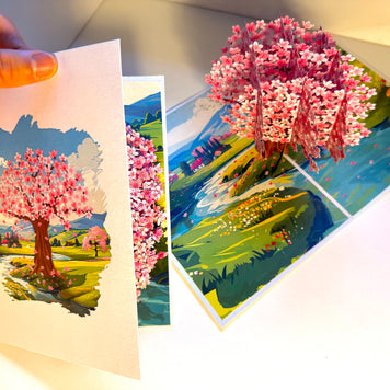 Plum Pink Cherry Blossom Tree on Green Fields Origami Pop Cards 3D Pop Up Greeting Card Best Wishes Happy Birthday Gift Thank You Handmade Best Wishes Blank Card for Any Occasion Happy Mother's Day Happy Father's Day Celebrate The Beauty of Flower