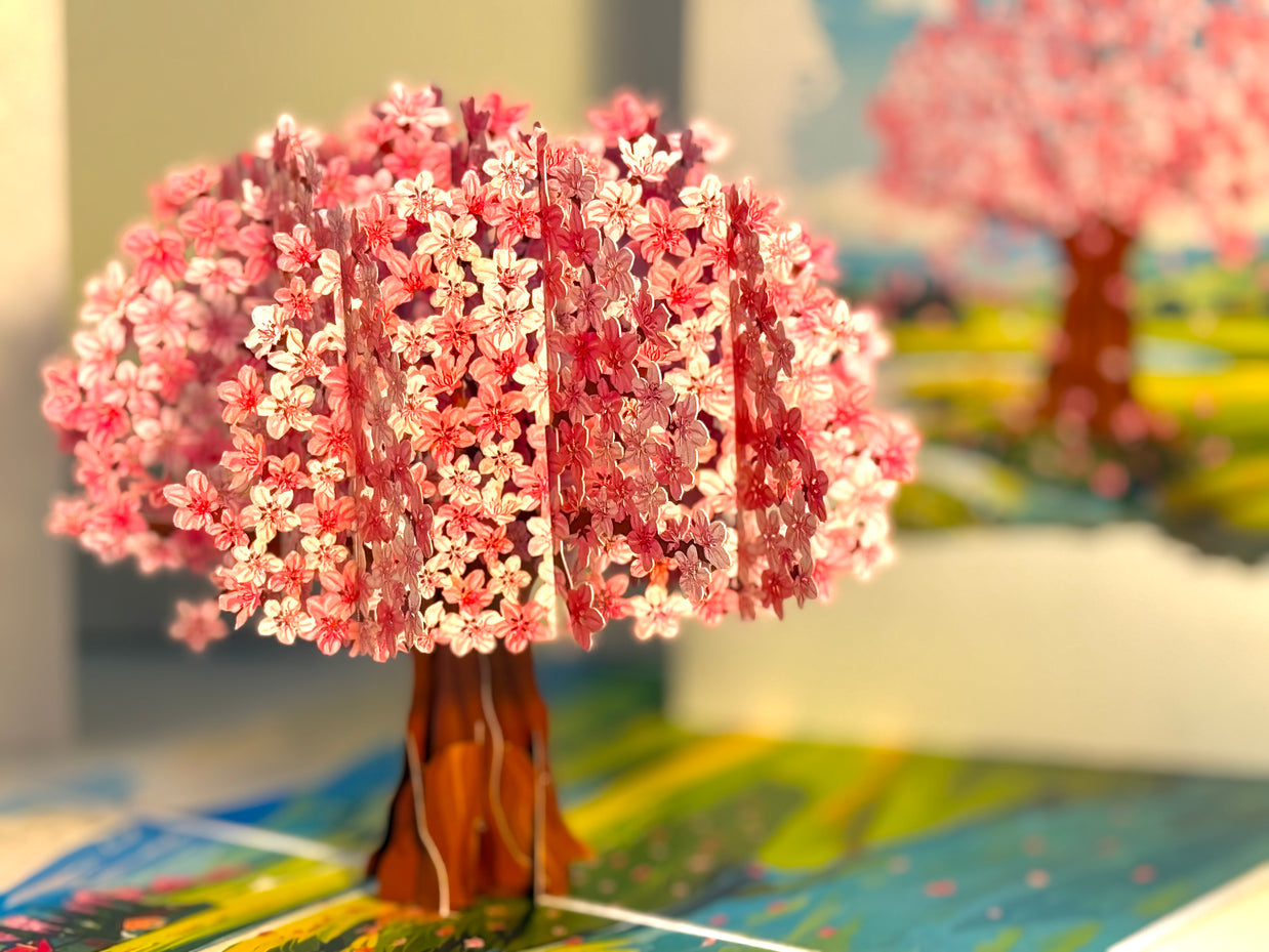 Plum Pink Cherry Blossom Tree on Green Fields Origami Pop Cards 3D Pop Up Greeting Card Best Wishes Happy Birthday Gift Thank You Handmade Best Wishes Blank Card for Any Occasion Happy Mother's Day Happy Father's Day Celebrate The Beauty of Flower